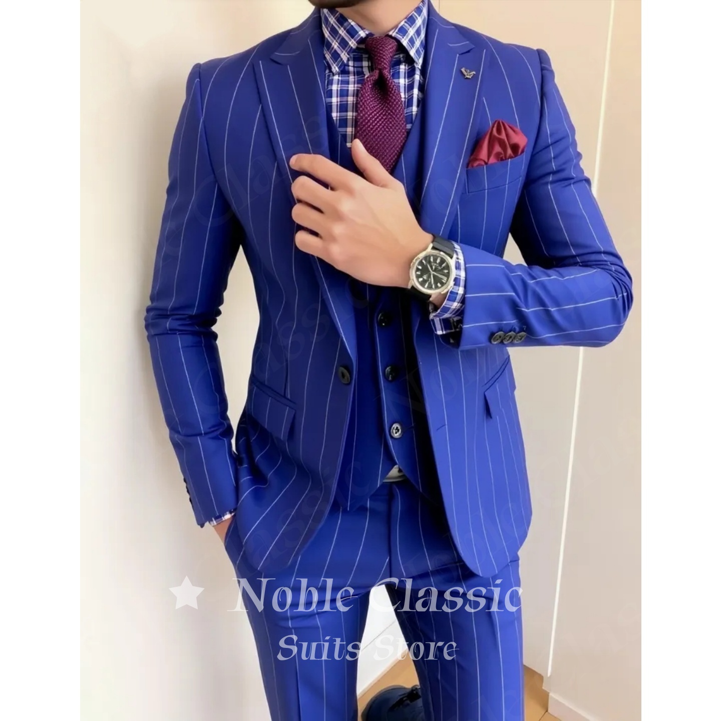 Men Formal Wear Wedding Guest - Men Blue Pinstripe 3 Piece Suit