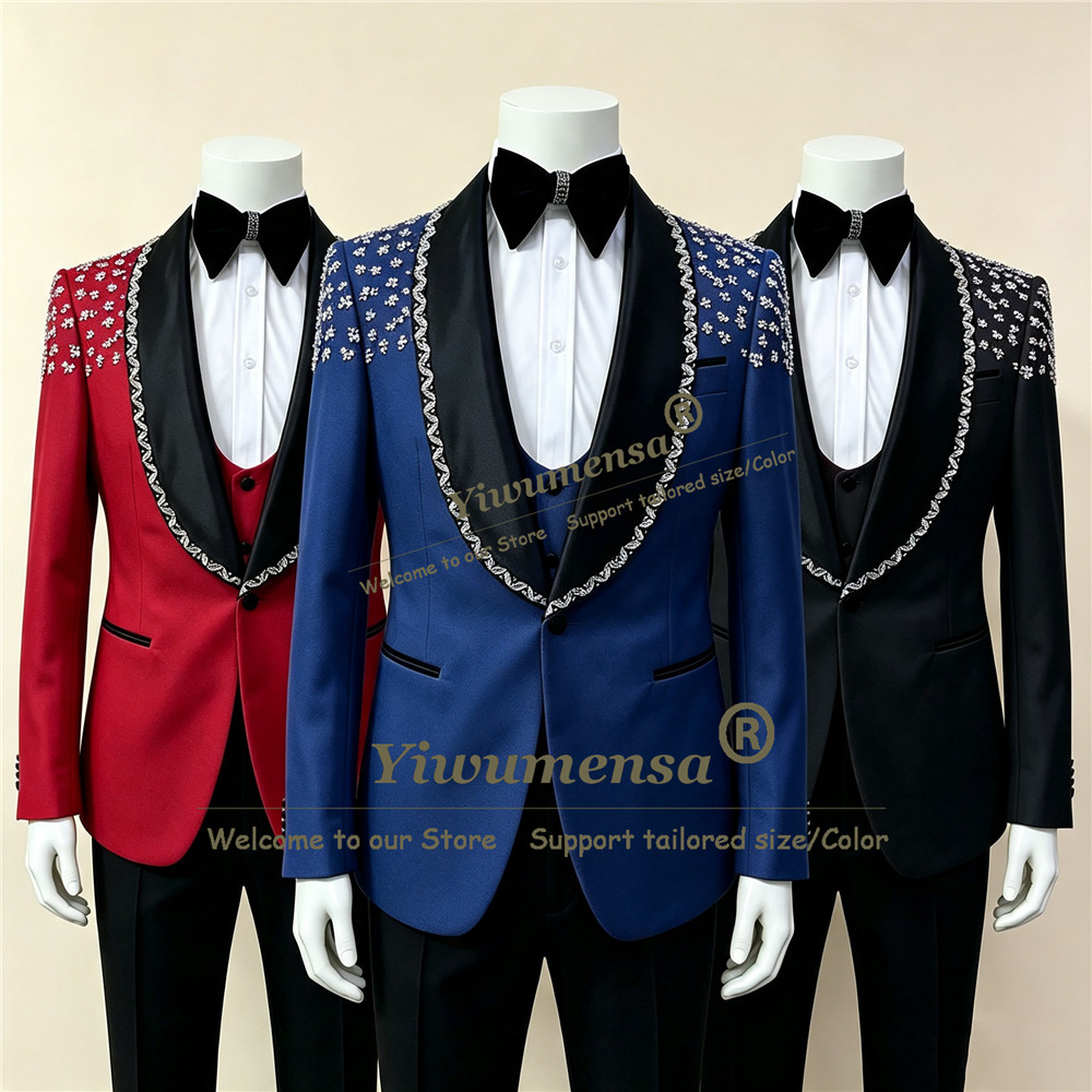 Men Formal Wear Wedding - Luxury Diamond Beaded Men's Suit Slim