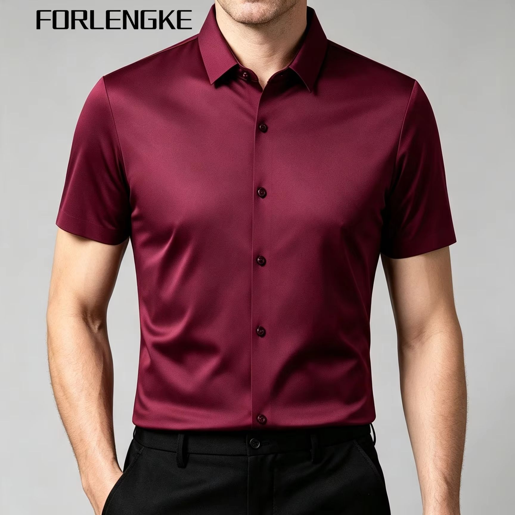 Men Formal Office Wear Shirts - FORLENGKE Men's Business Solid Short Sleeve