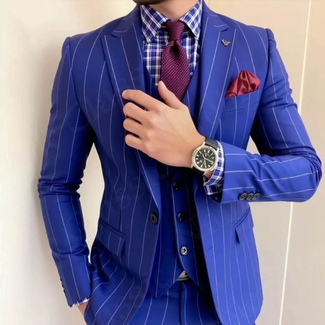 Men Blue Pinstripe 3 Piece Sui - Men Formal Wear Wedding Guest 评论和价格