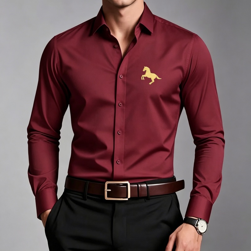Elegant Golden Horse Logo Prin - Men Formal Office Wear Shirts 评论和价格