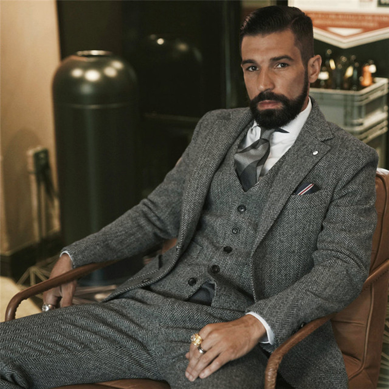 Gray Wool Tweed Winter Suit fo - Men Formal Wear Wedding 评论和价格